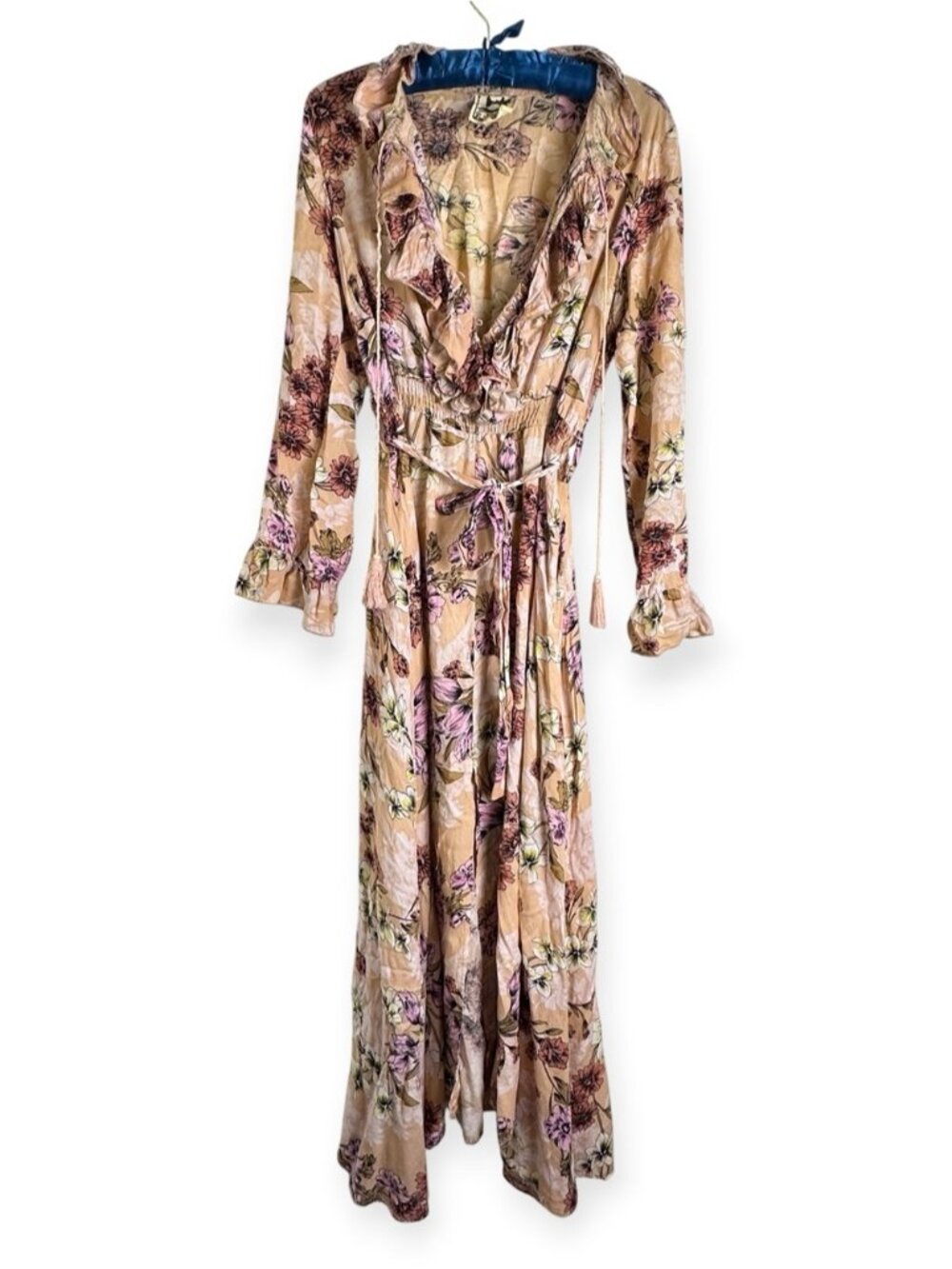 Jaase Chantal Boho Floral Ruffle Romantic Maxi Dress Peach Pink Handcrafted M - Picture 4 of 13